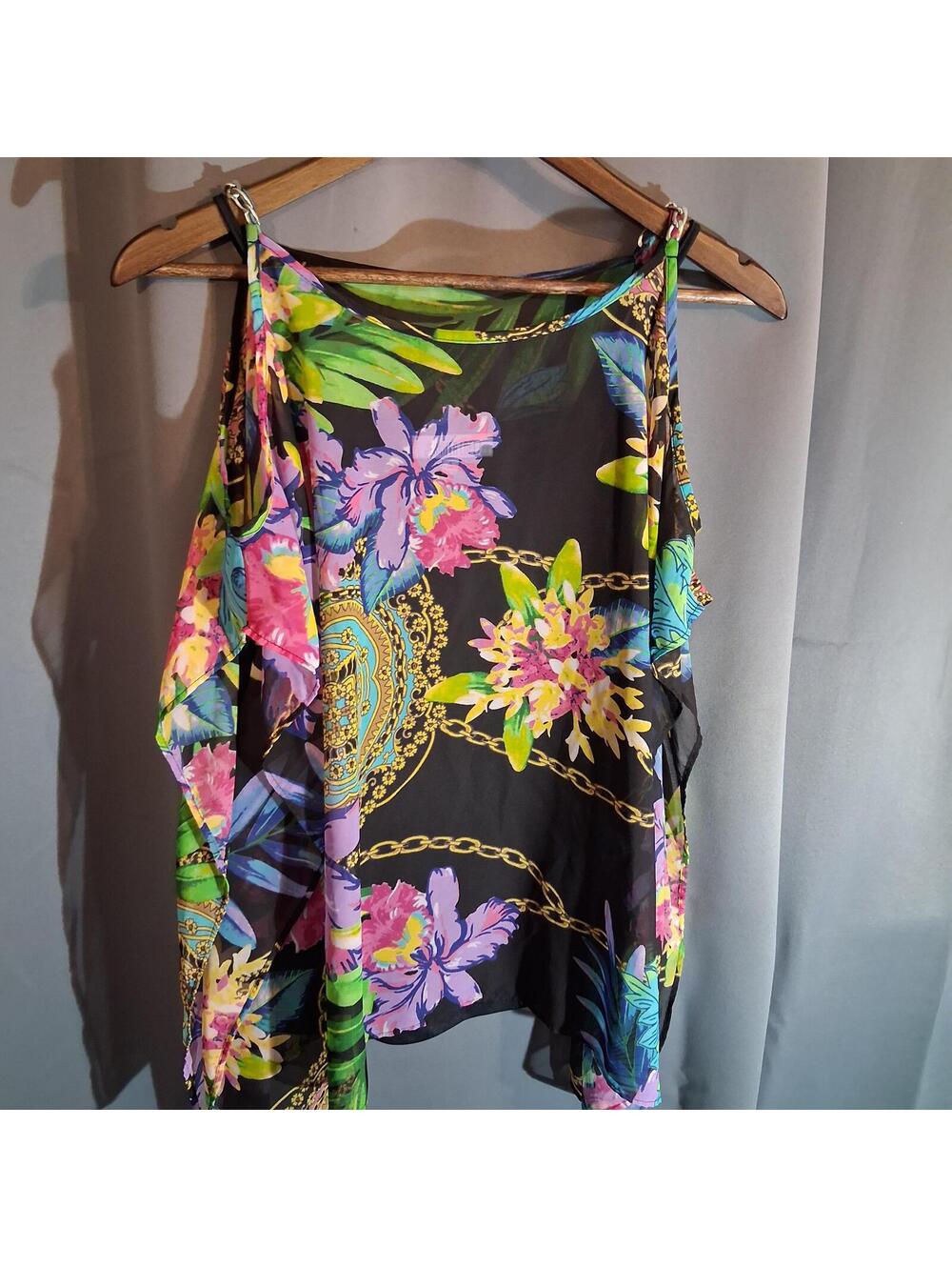 Floral Cold Shoulder Sleeveless Top with Chain Print